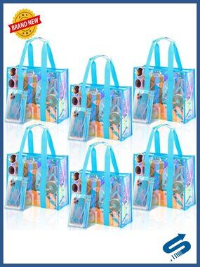 Set of 6 Clear Iridescent Tote Bags with Phone Pouch Waterproof PVC Beach Bag